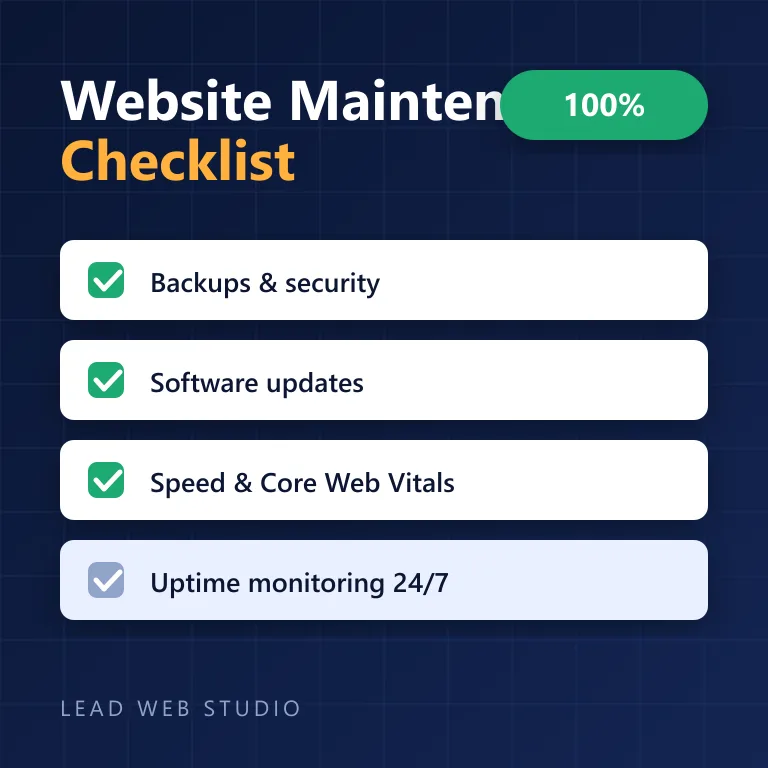 Website maintenance checklist for small business — backups, updates, speed and uptime monitoring