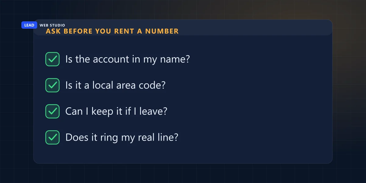 Checklist of four questions to ask before renting a tracking number: account name, area code, keeping it, ringing your line