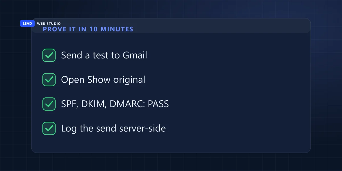 Four-step check: send a test to Gmail, open Show original, confirm SPF DKIM and DMARC pass, log the send server-side