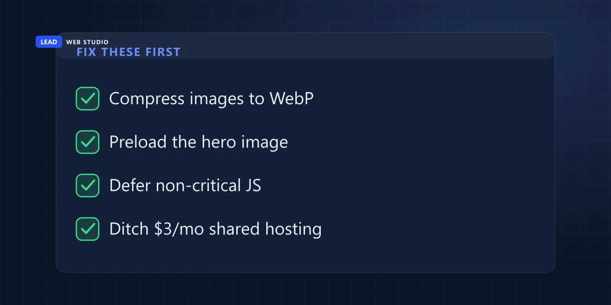 Five fixes to improve Core Web Vitals: compress images, preload hero, defer JS, fix fonts, better hosting