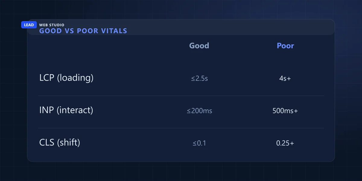 Core Web Vitals good versus poor thresholds for LCP, INP and CLS