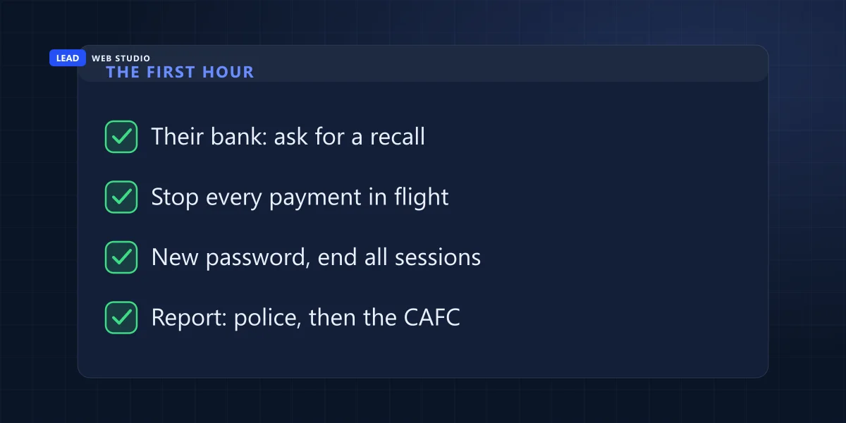 First hour checklist: ask their bank for a recall, stop payments in flight, reset the password, report to police and the CAFC
