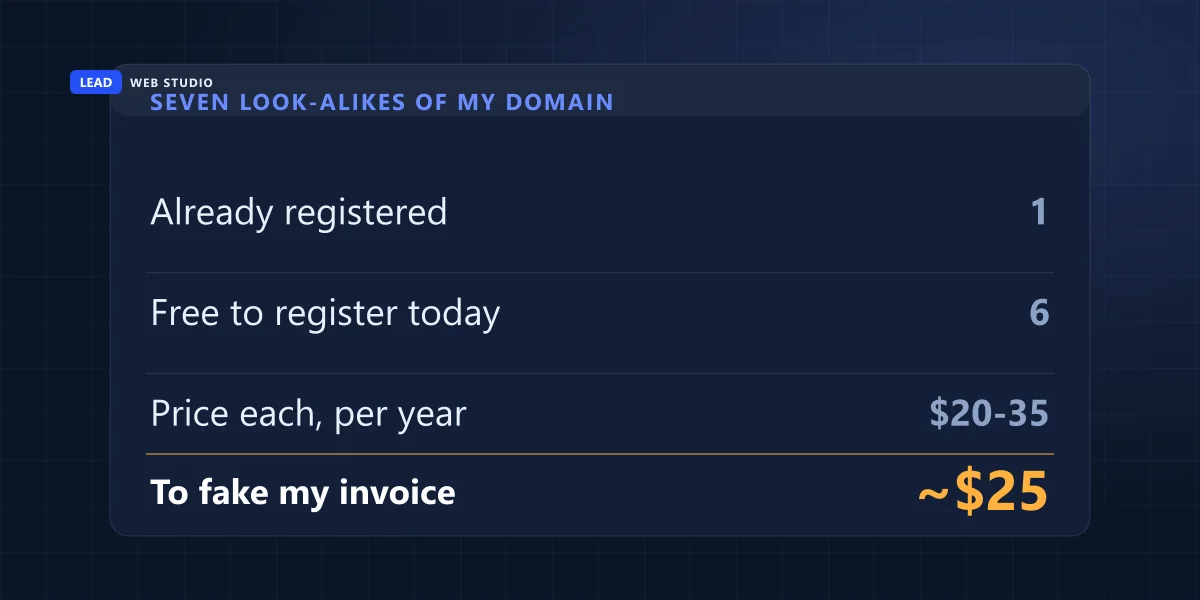 Seven look-alikes of my domain: one registered, six free, $20-35 a year each, about $25 to fake my invoice