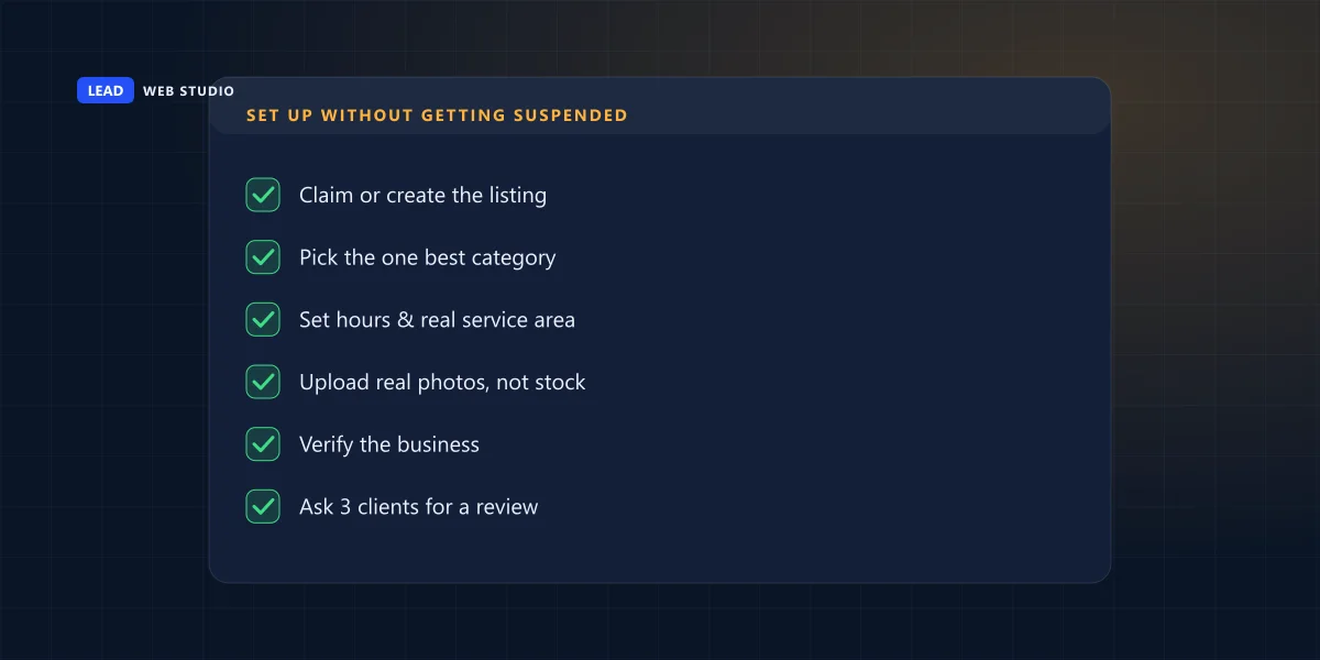 Checklist for setting up a Google Business Profile without getting it suspended, six steps in order