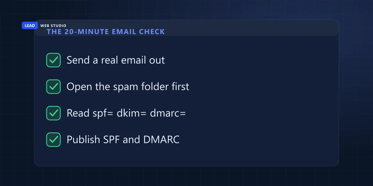 The twenty-minute email check: send to an outside address, look in spam first, read the headers, publish DMARC