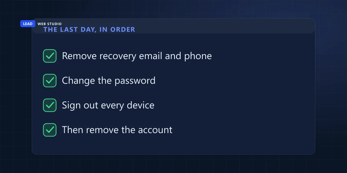 The last day in order: remove recovery email and phone, change the password, sign out every device, then remove the account