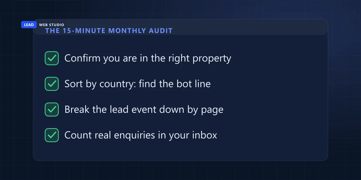 Four audit steps: check the property, sort by country, break the lead event down by page, count real enquiries