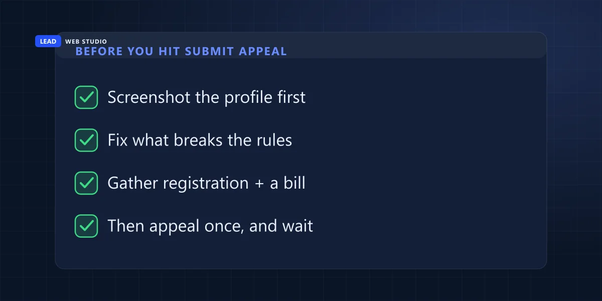 Checklist of four things to do before submitting a Google Business Profile appeal, in order