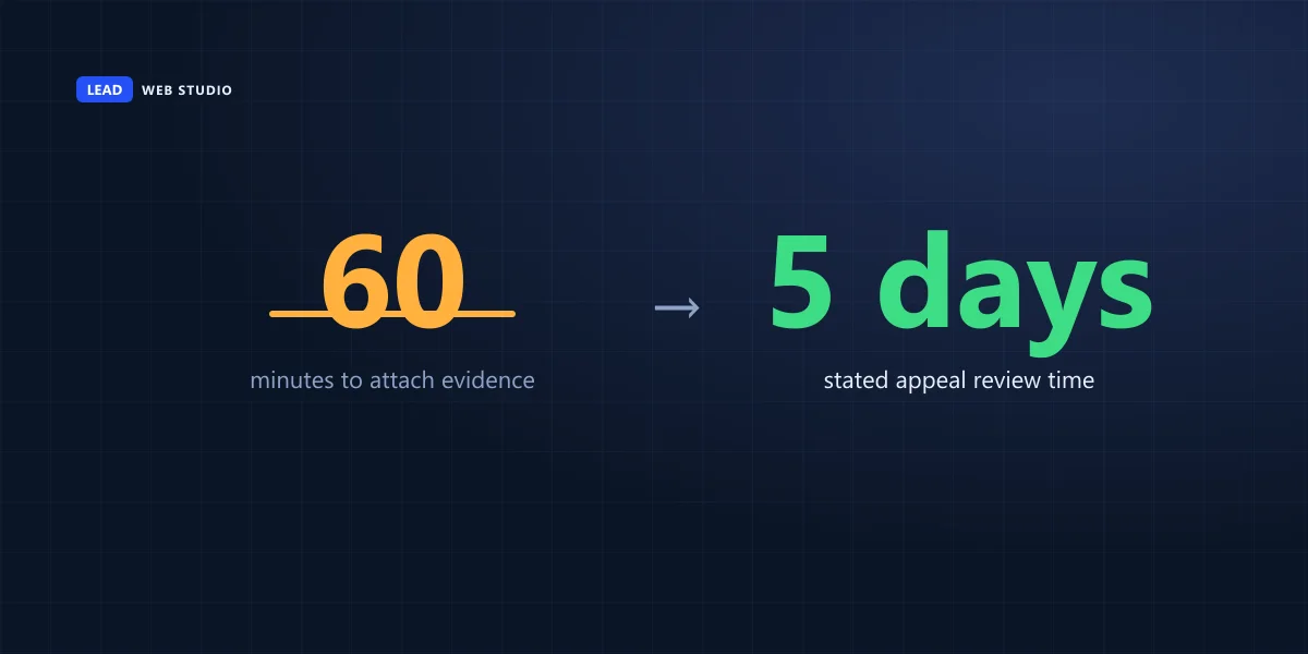 Two Google Business Profile appeal deadlines: 60 minutes to attach evidence and up to 5 business days for a decision