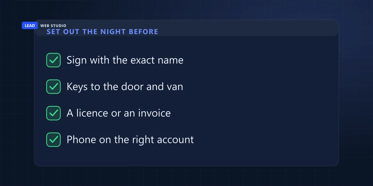 Checklist of what to set out before filming: sign with the exact name, keys, a document, the right Google account