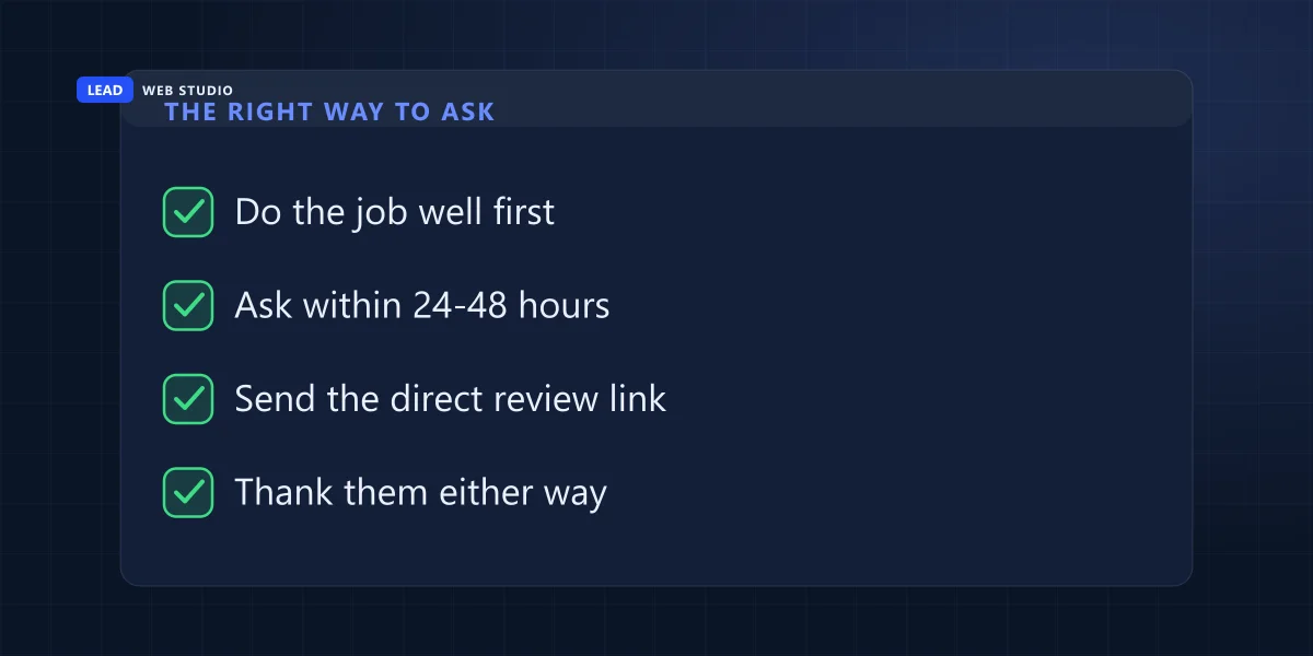 The right way to ask for a Google review: do the job well, ask within 24 to 48 hours, send the direct link, thank them either way