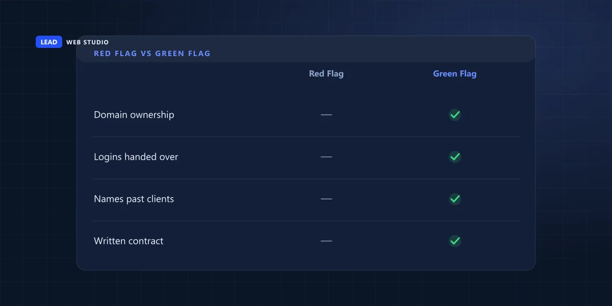Red flag versus green flag comparison for vetting a web designer before you hire them