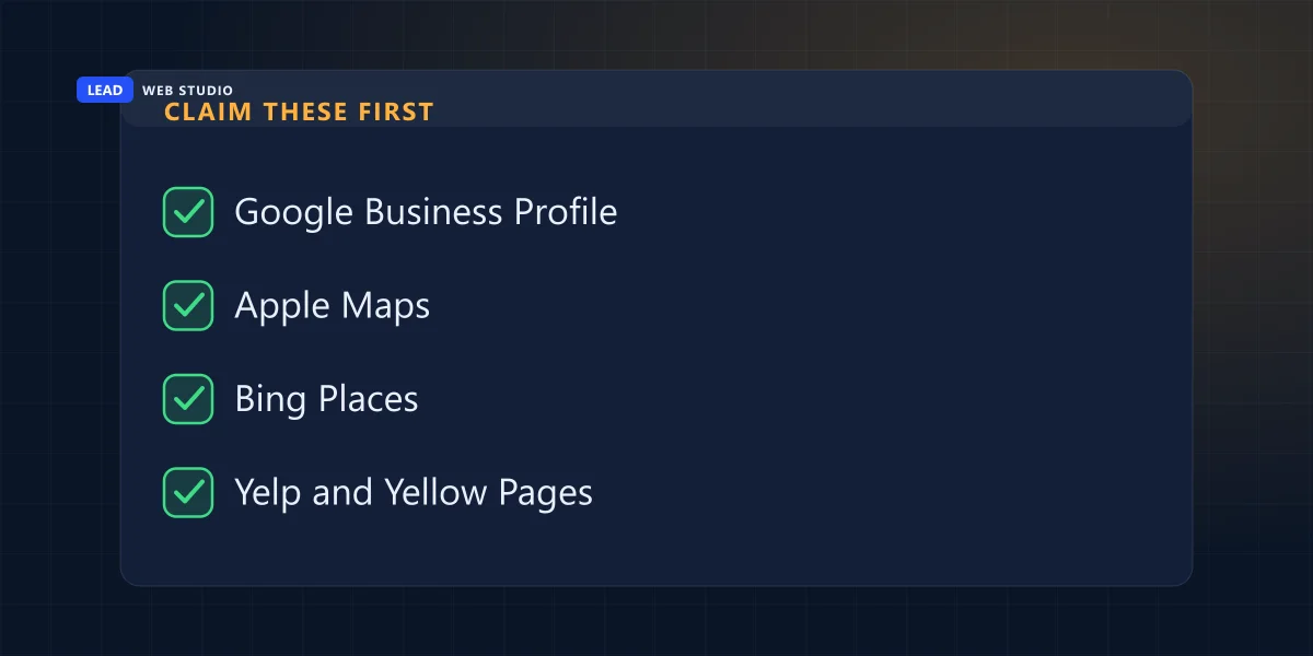 Checklist of listings to claim first: Google Business Profile, Apple Maps, Bing Places, then Yelp and Yellow Pages