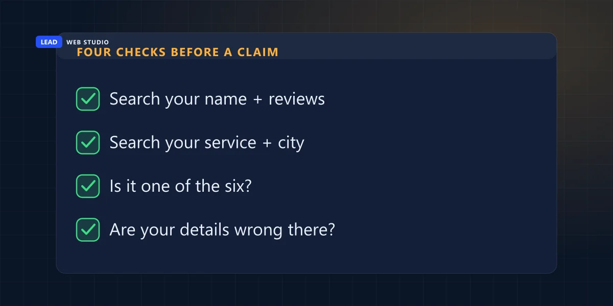 Four checks before a claim: name plus reviews search, service plus city search, one of the six, wrong details