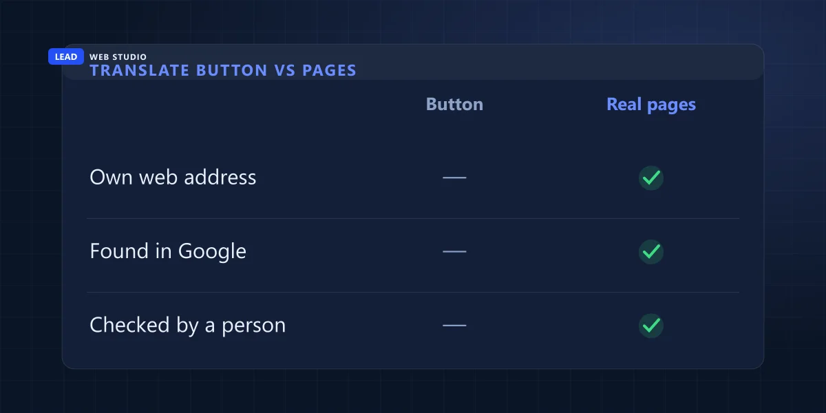 Comparison of a translate button and real translated pages: own address, found in Google, checked by a person
