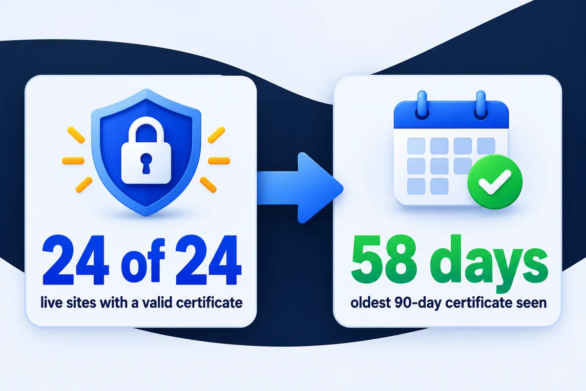 24 of 24 live sites with a valid certificate, and 58 days as the oldest 90-day certificate seen