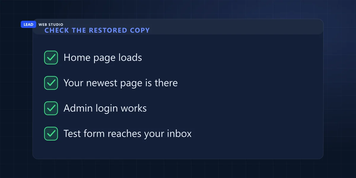 Checklist of four checks on a restored copy: home page loads, newest page there, admin login, test form