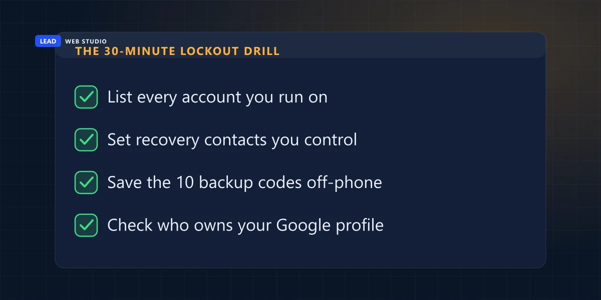 The thirty-minute lockout drill: list every account, set recovery contacts you control, save backup codes off the phone, check the Google profile owner