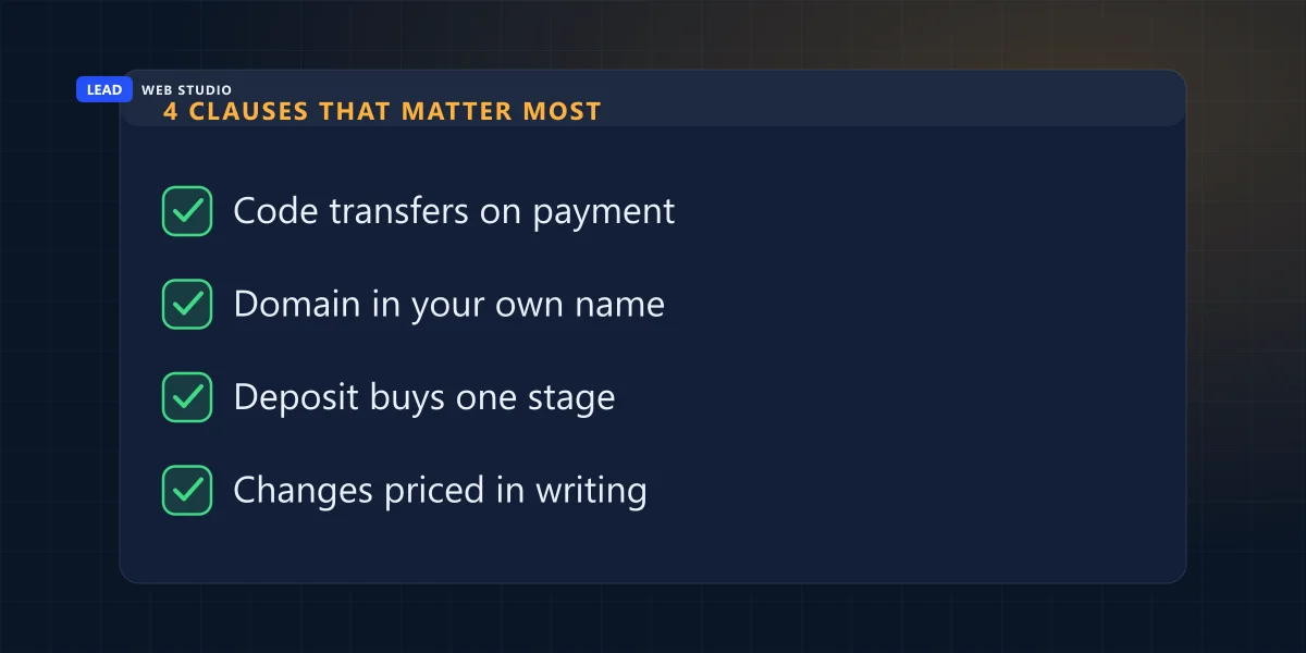 Four web design contract clauses that matter most: code ownership, domain, deposit per stage, written changes