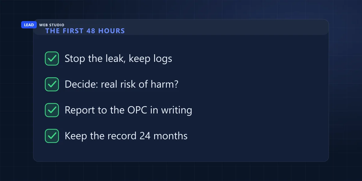 First 48 hours after a website data breach: stop the leak, assess harm, report to the OPC, keep the record