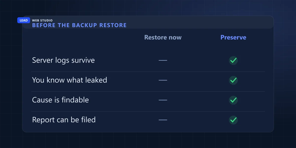 Restoring a backup immediately versus preserving logs first, and what each one costs you