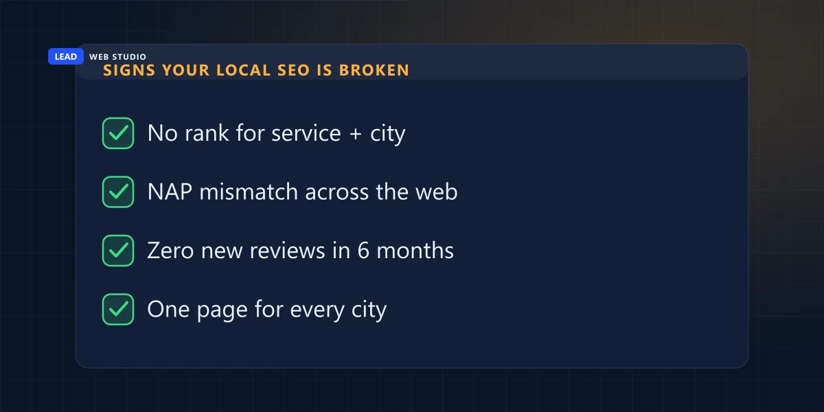 Six-point self-audit for broken local SEO: search yourself incognito, check NAP consistency, count recent reviews, review your homepage copy