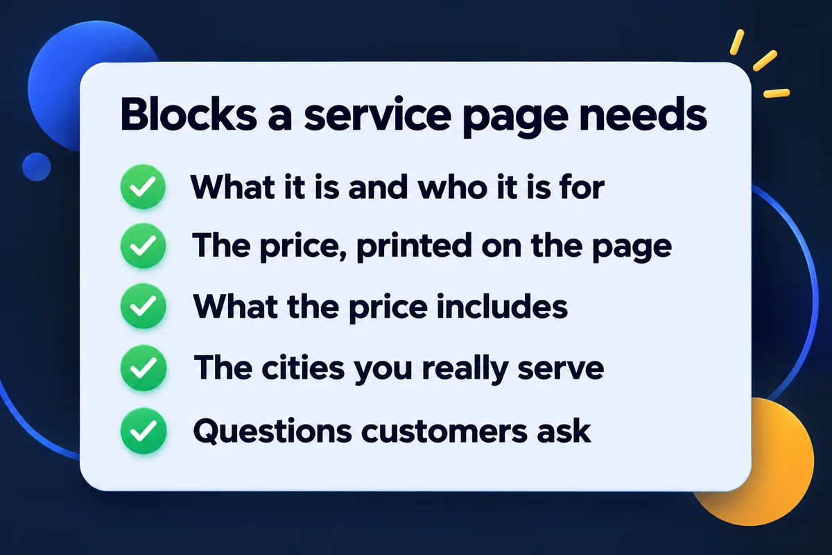 Checklist of service page blocks: what it is, the price, what it includes, cities served, customer questions