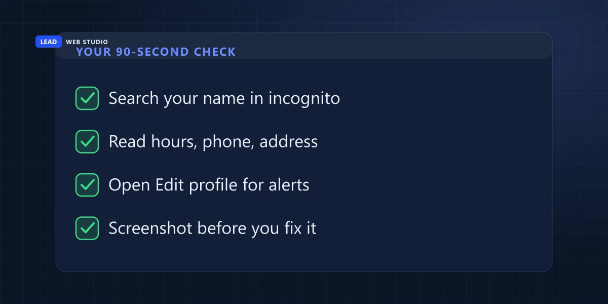 The four-step monthly listing check: search in incognito, read the details, open Edit profile, screenshot