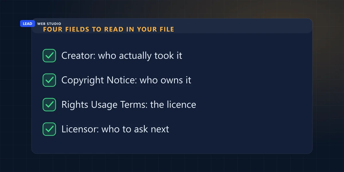 Four rights fields to read inside your own photo files: creator, copyright notice, rights usage terms and licensor