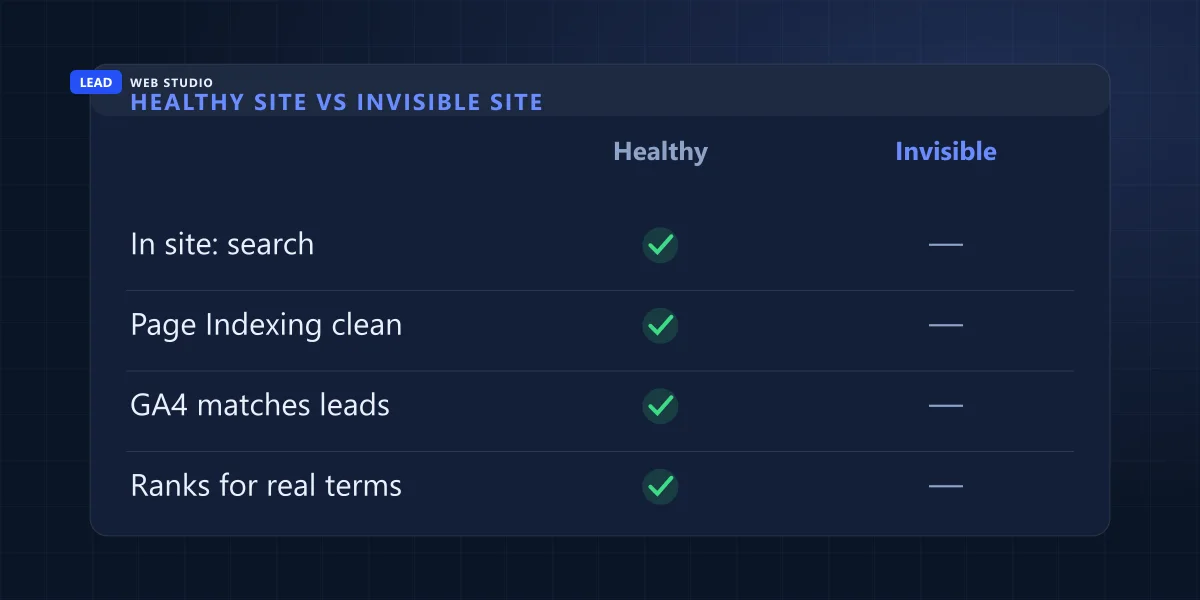 Healthy site versus invisible site, compared across indexing, Search Console status, analytics accuracy and real keyword rankings