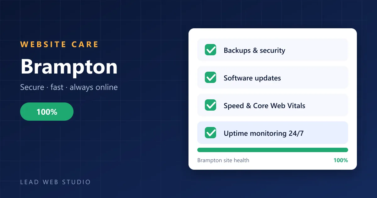 Website maintenance for Brampton businesses — site health checklist at 100 percent