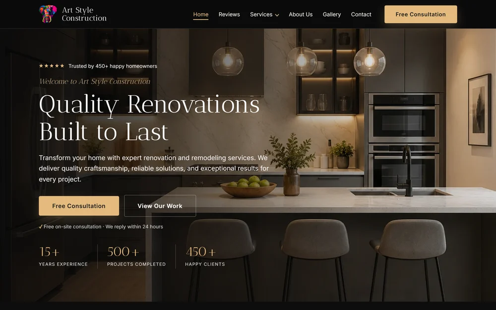 construction company website design — inner page design showing services and conversion elements