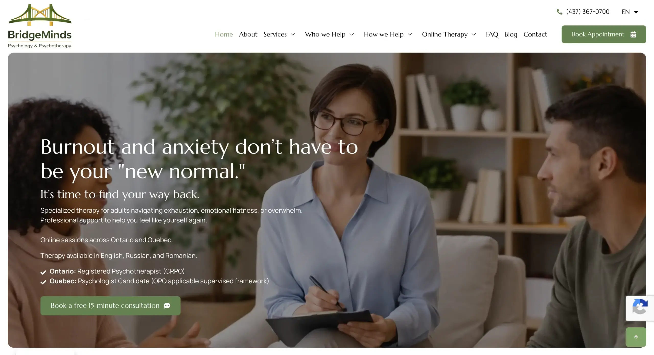 psychotherapy website design — inner page design showing services and conversion elements