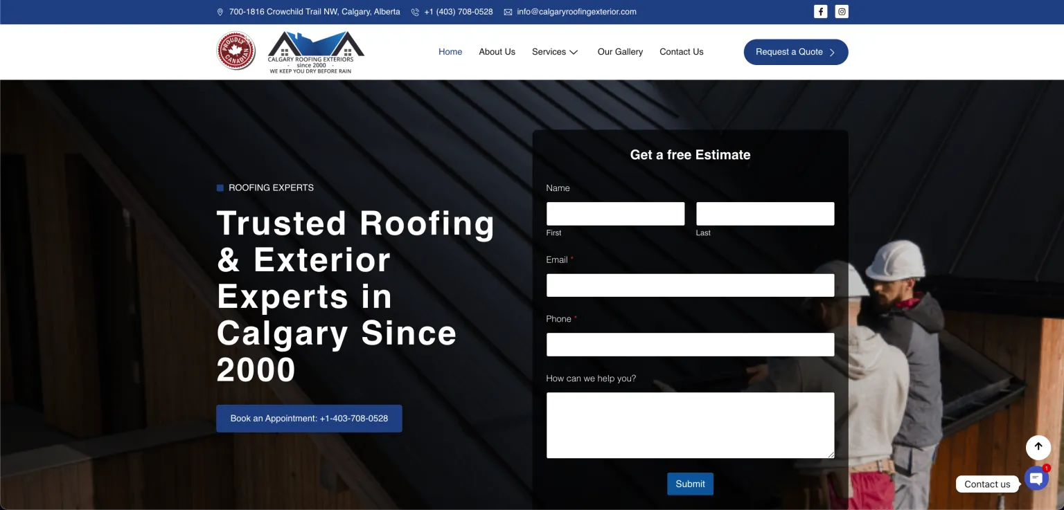 roofing company website design — inner page design showing services and conversion elements