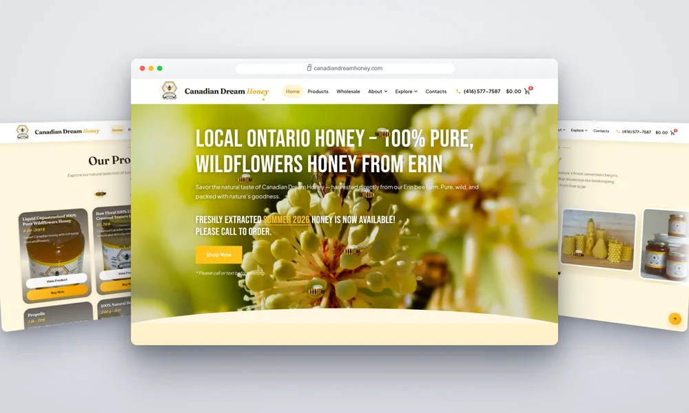 Canadian Dream Honey website homepage featuring local honey products in Ontario