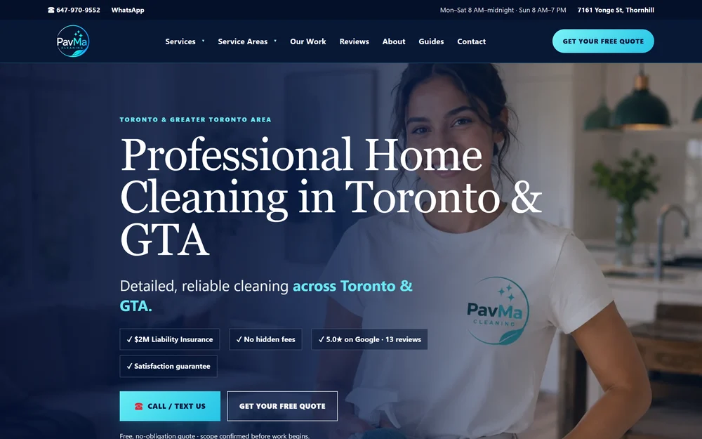 the cleaning company's homepage hero with the quote buttons and the Google rating line