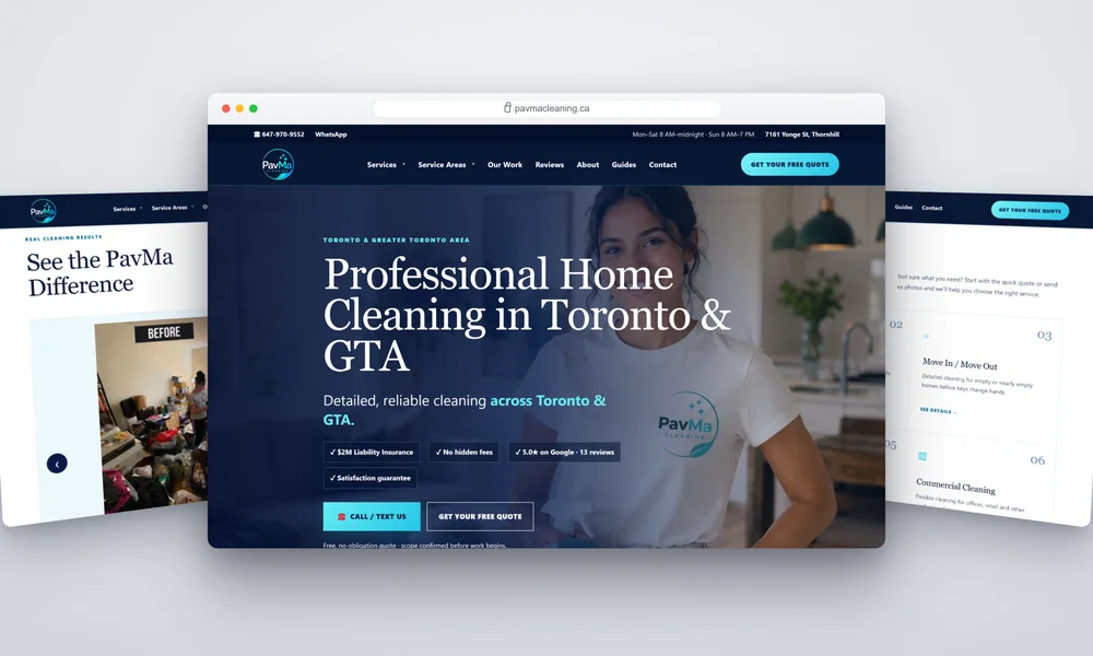 seo and google maps for a Toronto cleaning company — homepage, before-and-after results and the services grid