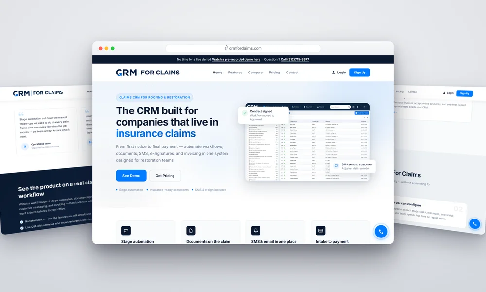 CRM for Claims website homepage showcasing claims management software