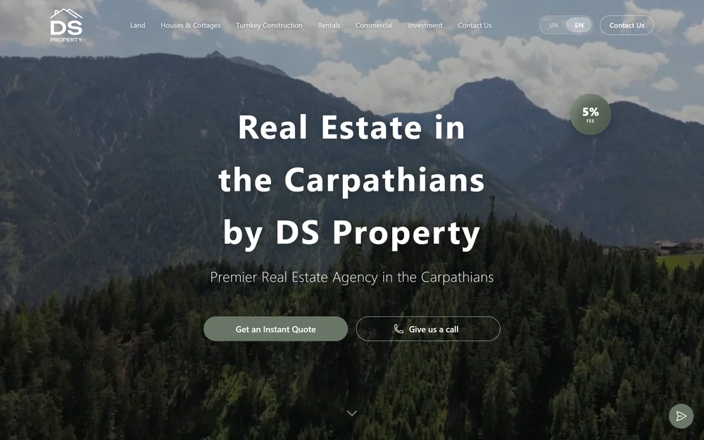 DS Property homepage — Carpathian mountain hero with English and Ukrainian language toggle