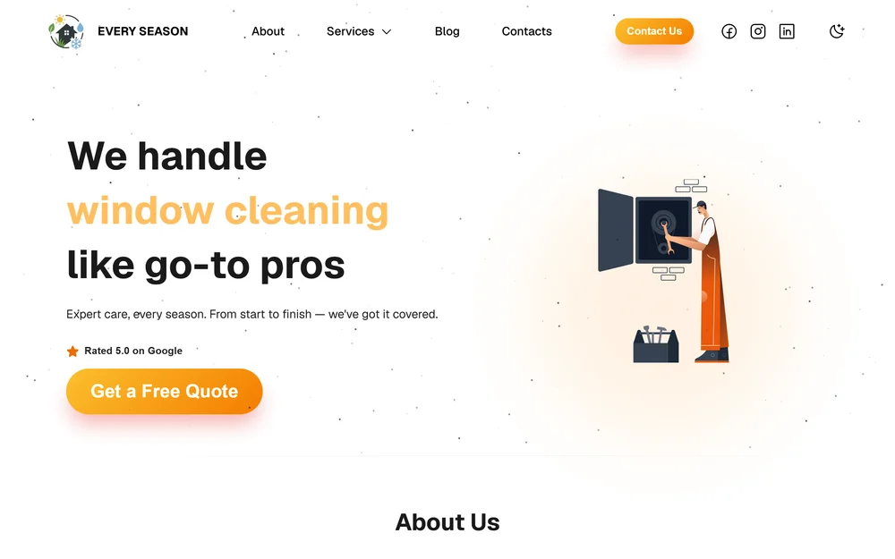 Every Season homepage — hero with the free quote call-to-action and the 5.0 Google rating