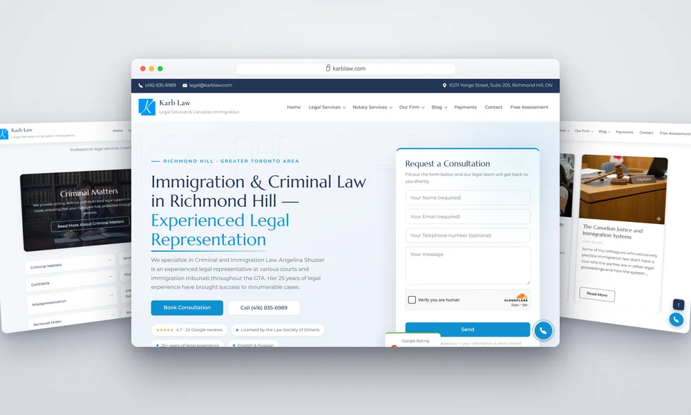 Karb Law website homepage featuring immigration lawyer and criminal law services
