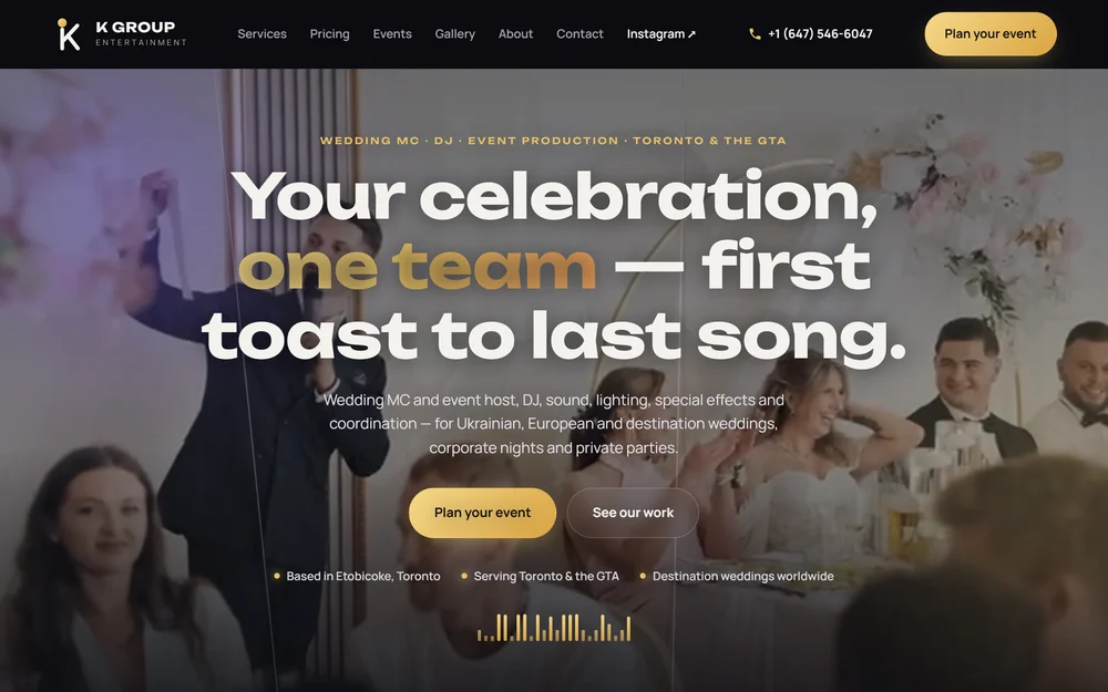 event entertainment website design — dark homepage with video hero and booking call to action