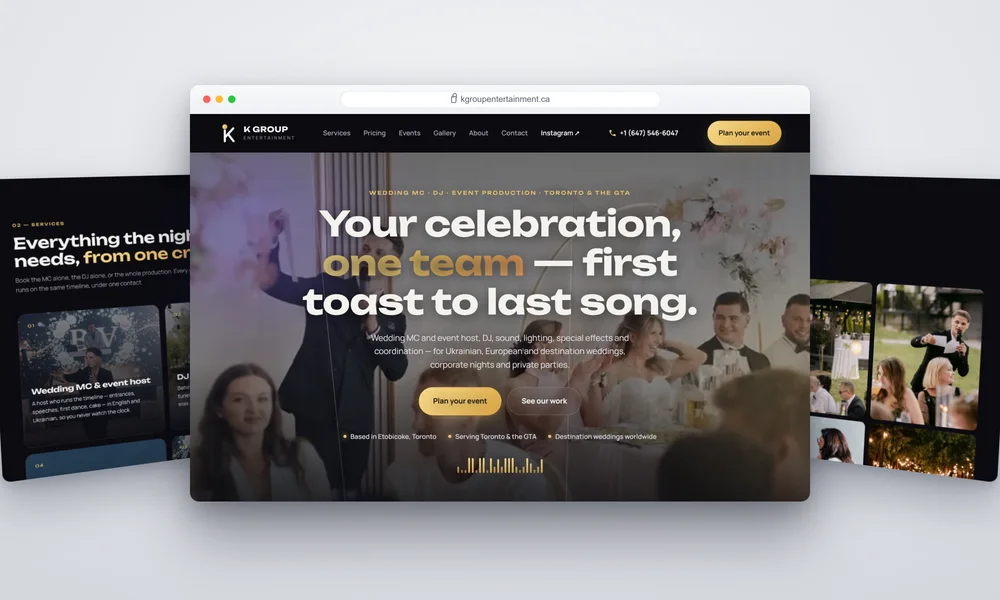 event entertainment website design — wedding MC and DJ site homepage, services and gallery