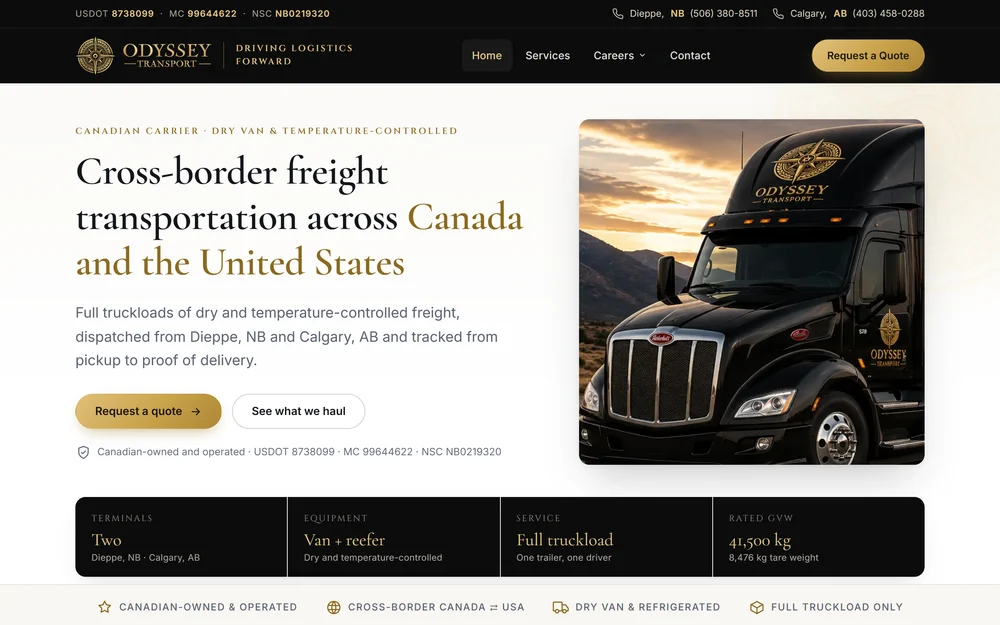 Freight carrier homepage — hero with quote request, equipment summary and carrier authority numbers