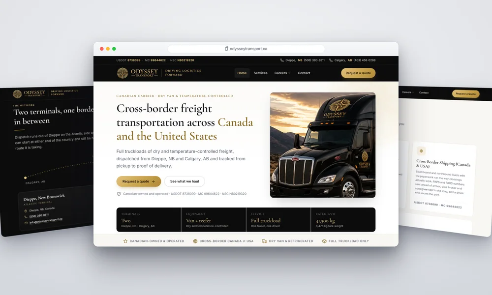 Trucking company website homepage — cross-border freight carrier with dry van and refrigerated service