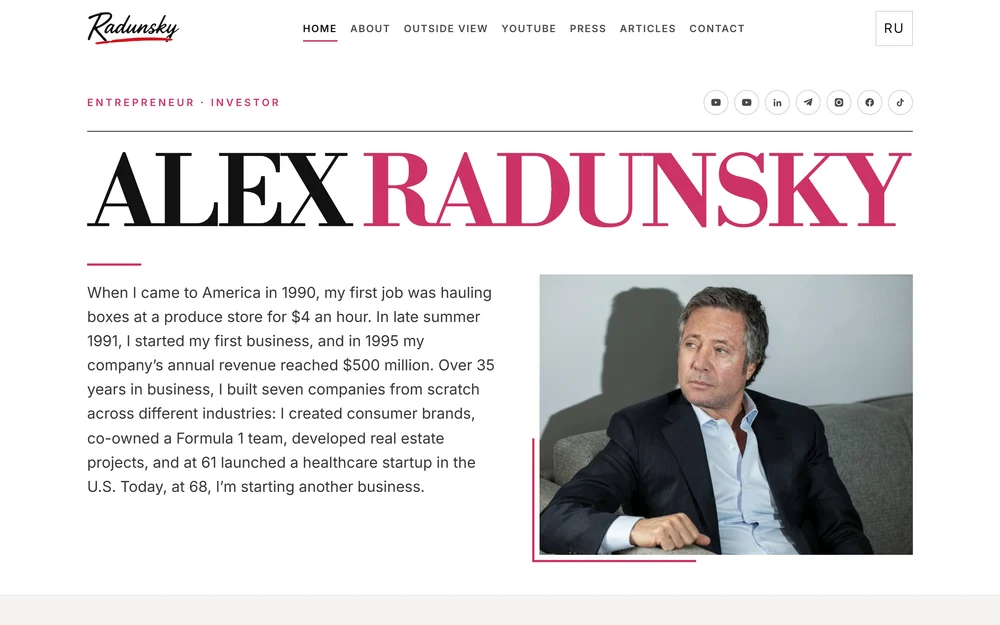 personal brand website design — homepage with editorial headline, portrait and short biography