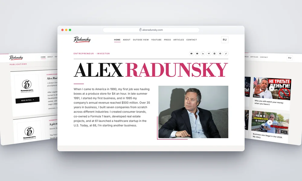 personal brand website design — an entrepreneur's homepage, press archive and video section