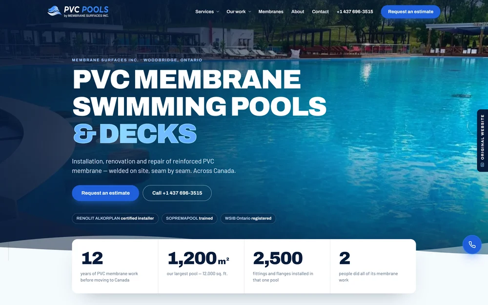 pool company website design — homepage hero with pool photograph and estimate buttons