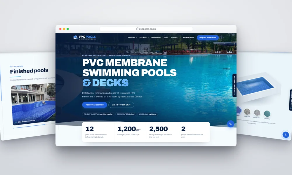 pool company website design — PVC membrane pool homepage, finished pools gallery and membrane chooser