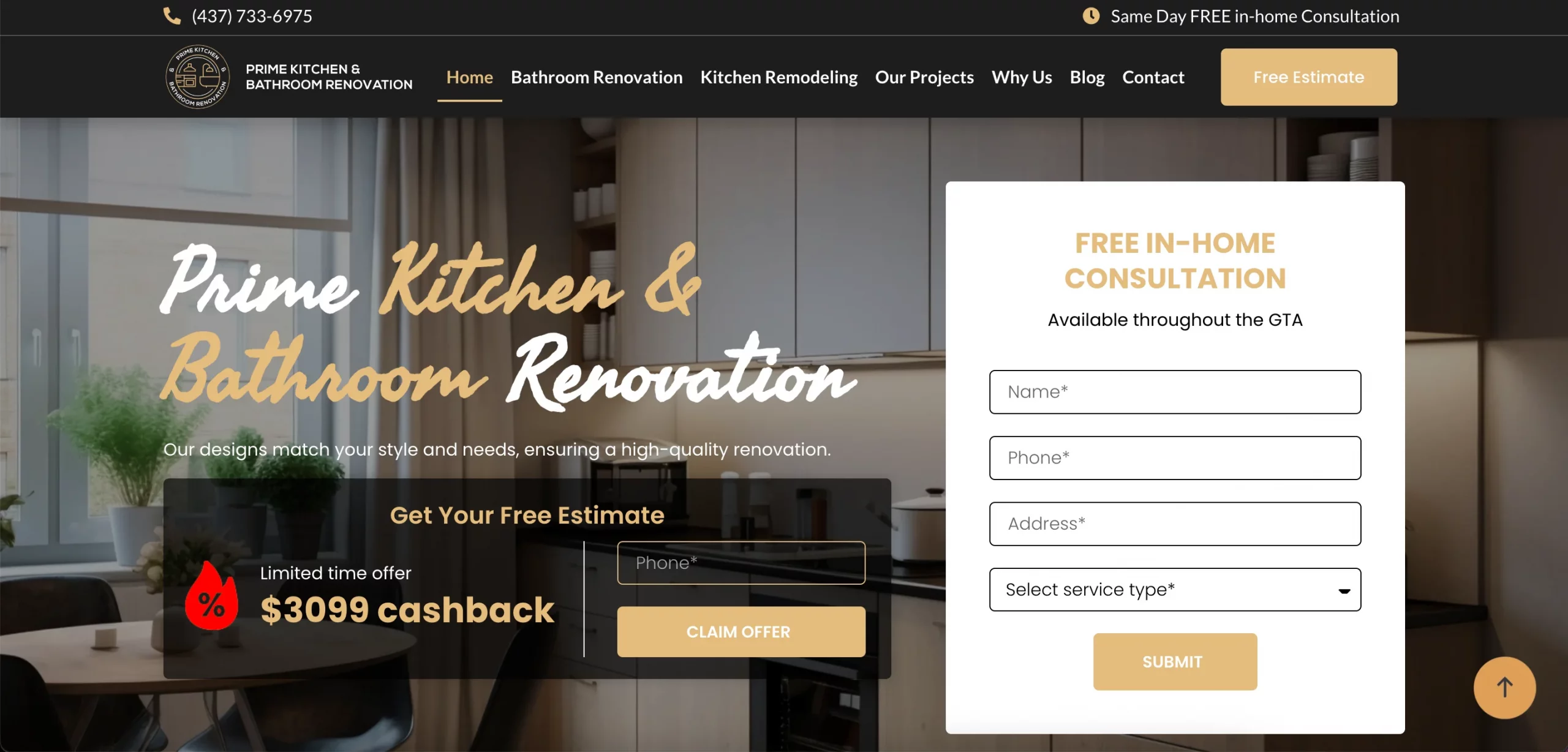 kitchen renovation website design — inner page design showing services and conversion elements